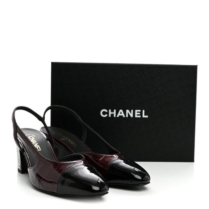 Chanel Patent Calfskin Crocodile Embossed Cap Toe CC Slingback Pumps 41 Dark Burgundy Black 10 of 10