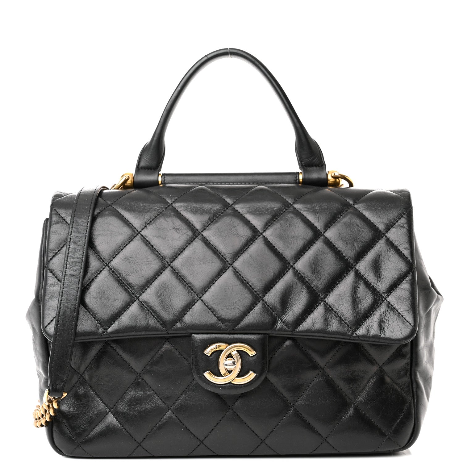 Chanel Calfskin Quilted Large Gold Bar Top Handle Flap Black 8 of 14