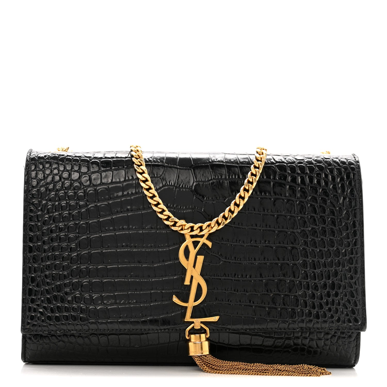 Saint Laurent Calfskin Crocodile Embossed Medium Classic Monogram Kate Tassel Satchel Black 1 of 15