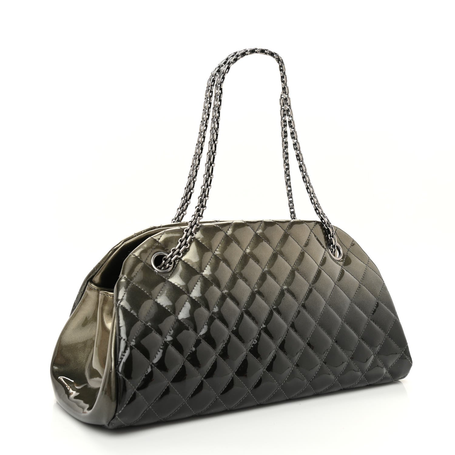 Chanel Metallic Patent Quilted Medium Just Mademoiselle Bowling Bag Silver Degrade 3 of 11
