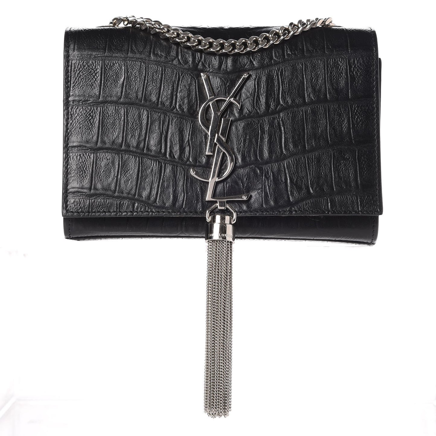Croc Calfskin Embossed Small Classic Monogram Kate Tassel Satchel Black