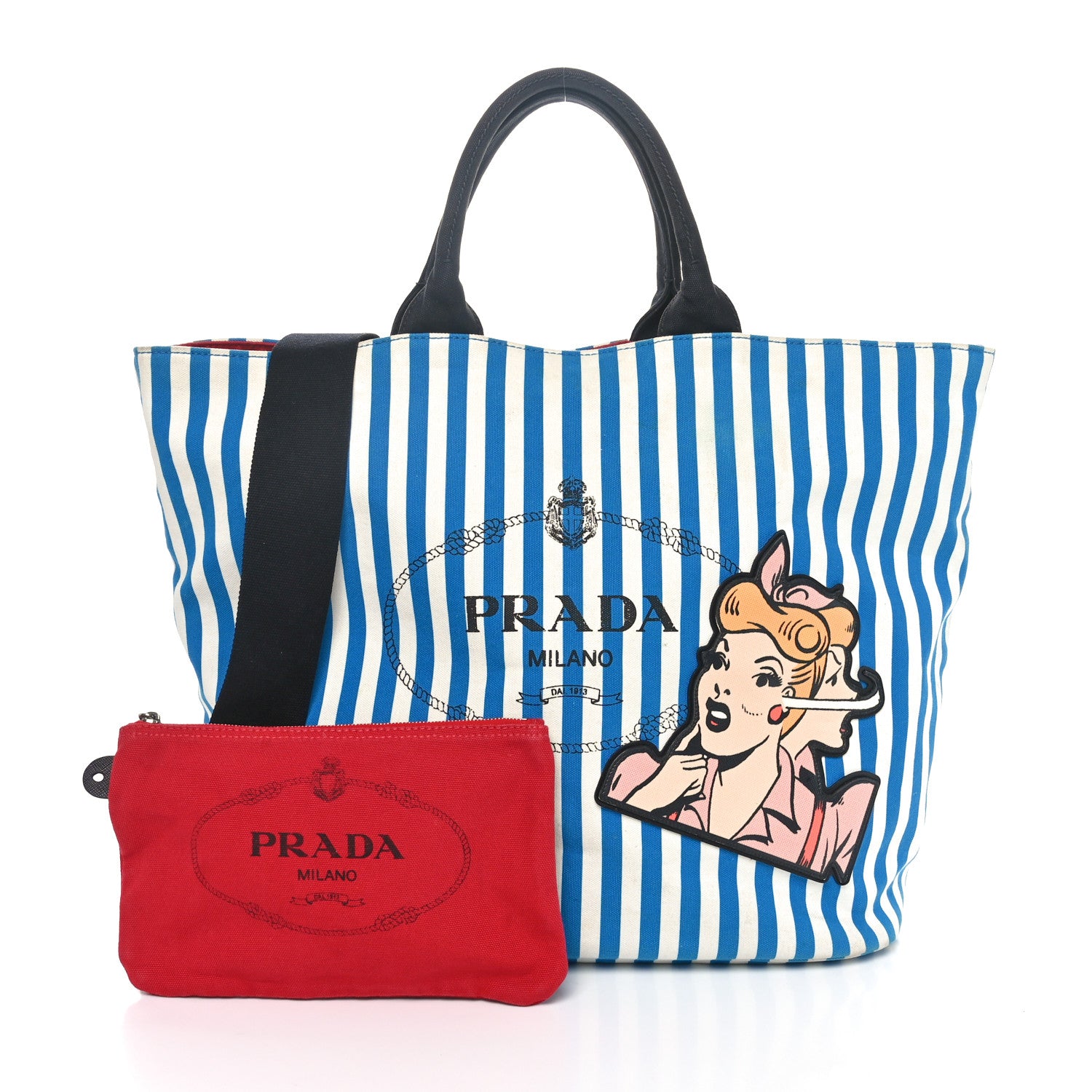 Prada Canvas Striped Comic Shopping Tote Blue White 3 of 10