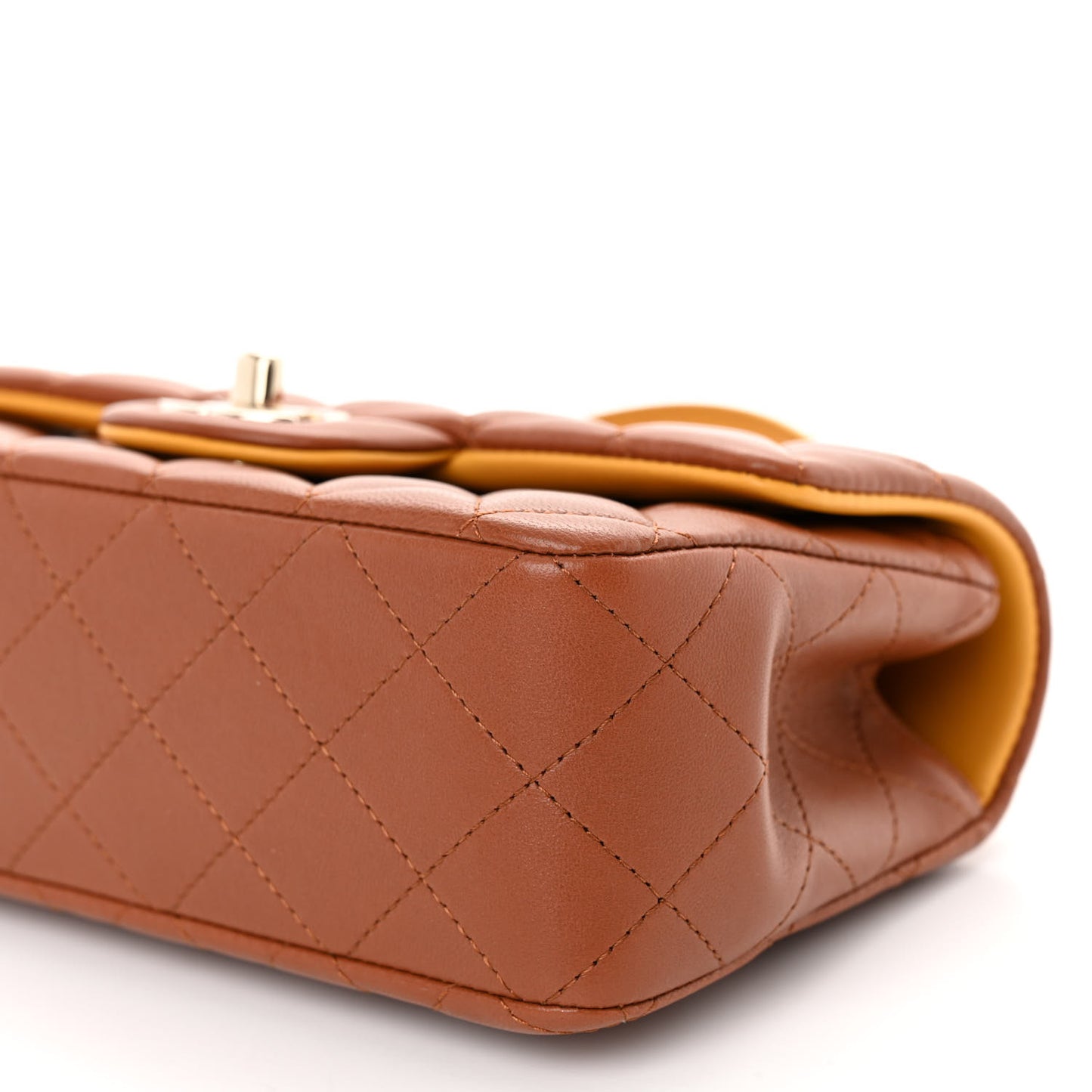 Lambskin Quilted Bi-Color Mini Top Handle Rectangular Flap Light Brown Yellow