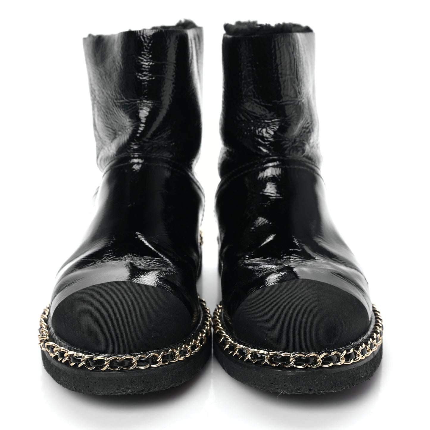 Crumpled Calfskin Shearling Womens Cap Toe Chain Short Boots 40 Black