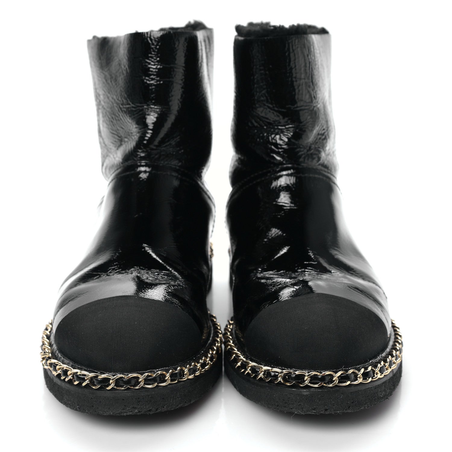 Chanel Crumpled Calfskin Shearling Womens Cap Toe Chain Short Boots 40 Black 2 of 8