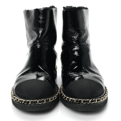 Chanel Crumpled Calfskin Shearling Womens Cap Toe Chain Short Boots 40 Black 2 of 8