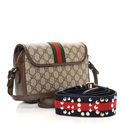 Gucci GG Supreme Monogram Textured Dollar Calfskin Web Studded Mini Ophidia Flap Shoulder Bag Beige Ebony New Acero 3 of 11
