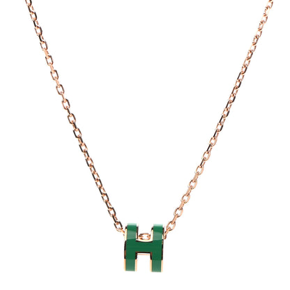 Hermes Lacquered Rose Gold Mini Pop H Pendant Necklace Vert Malachite 4 of 7