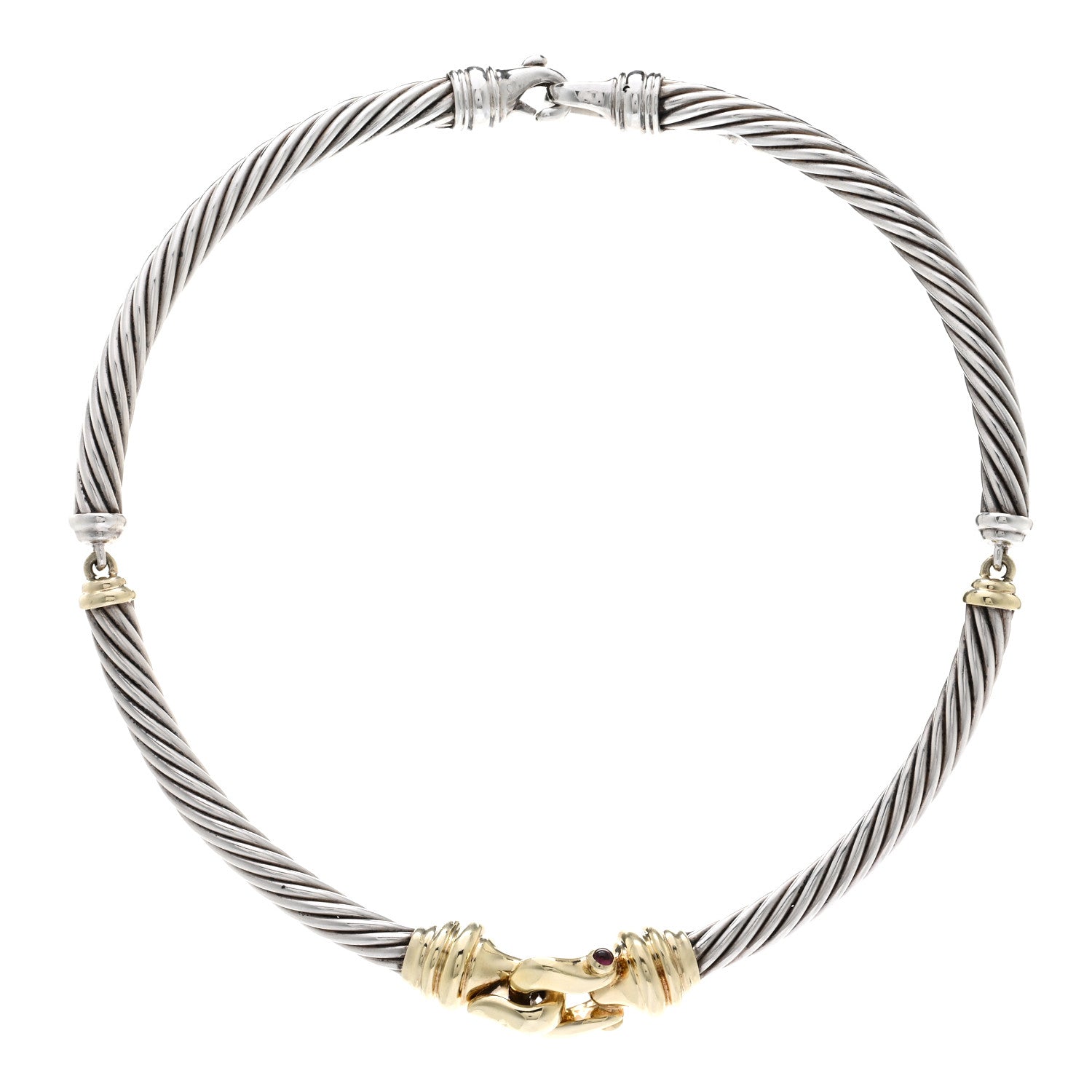 David Yurman Sterling Silver 14K Yellow Gold Rhodolite Garnet Cable Buckle Collar Necklace 1 of 3
