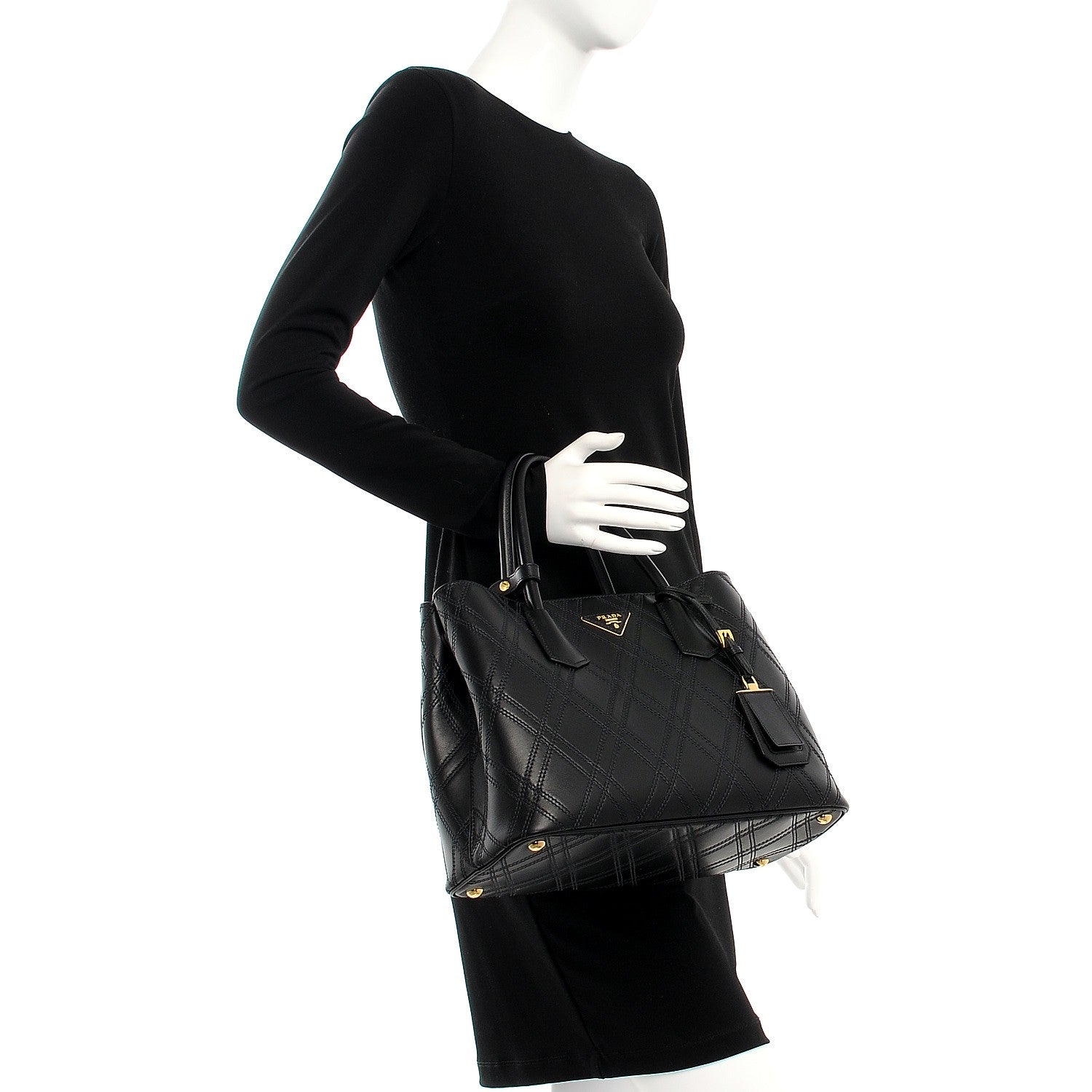 Prada City Calf Quilted Large Double Bag Black 2 of 7