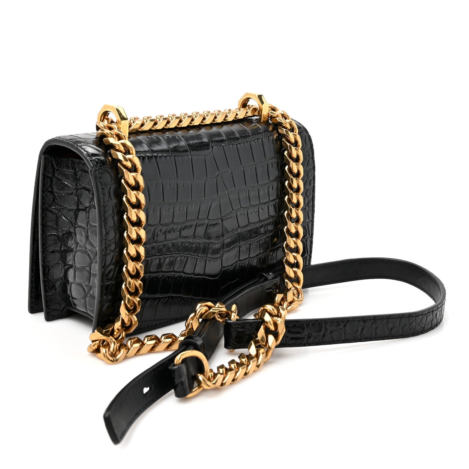 Alexander McQueen Shiny Crocodile Embossed Jeweled Satchel Black 3 of 11