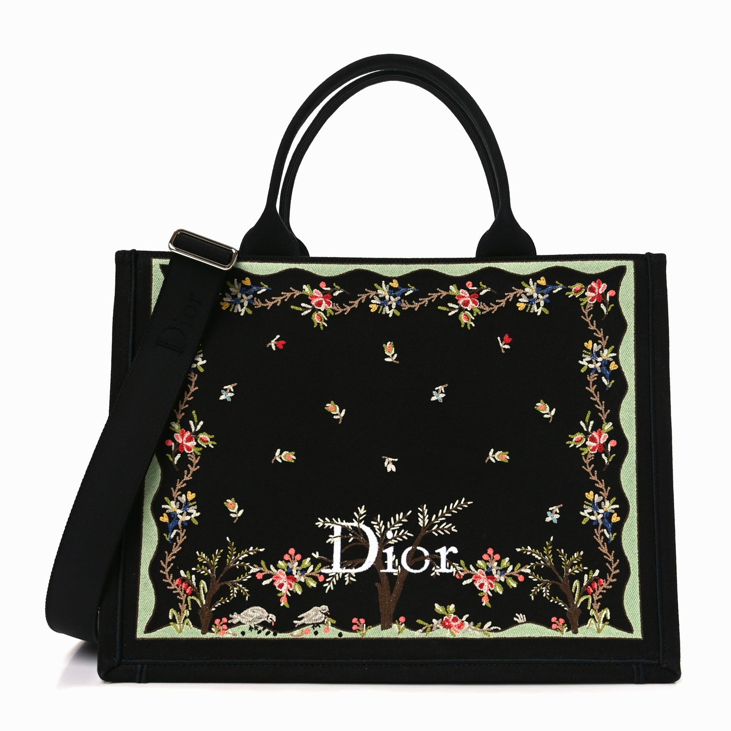 Canvas Embroidered Medium Dioramour Revolution Flowers Book Tote With Strap Black Multicolor