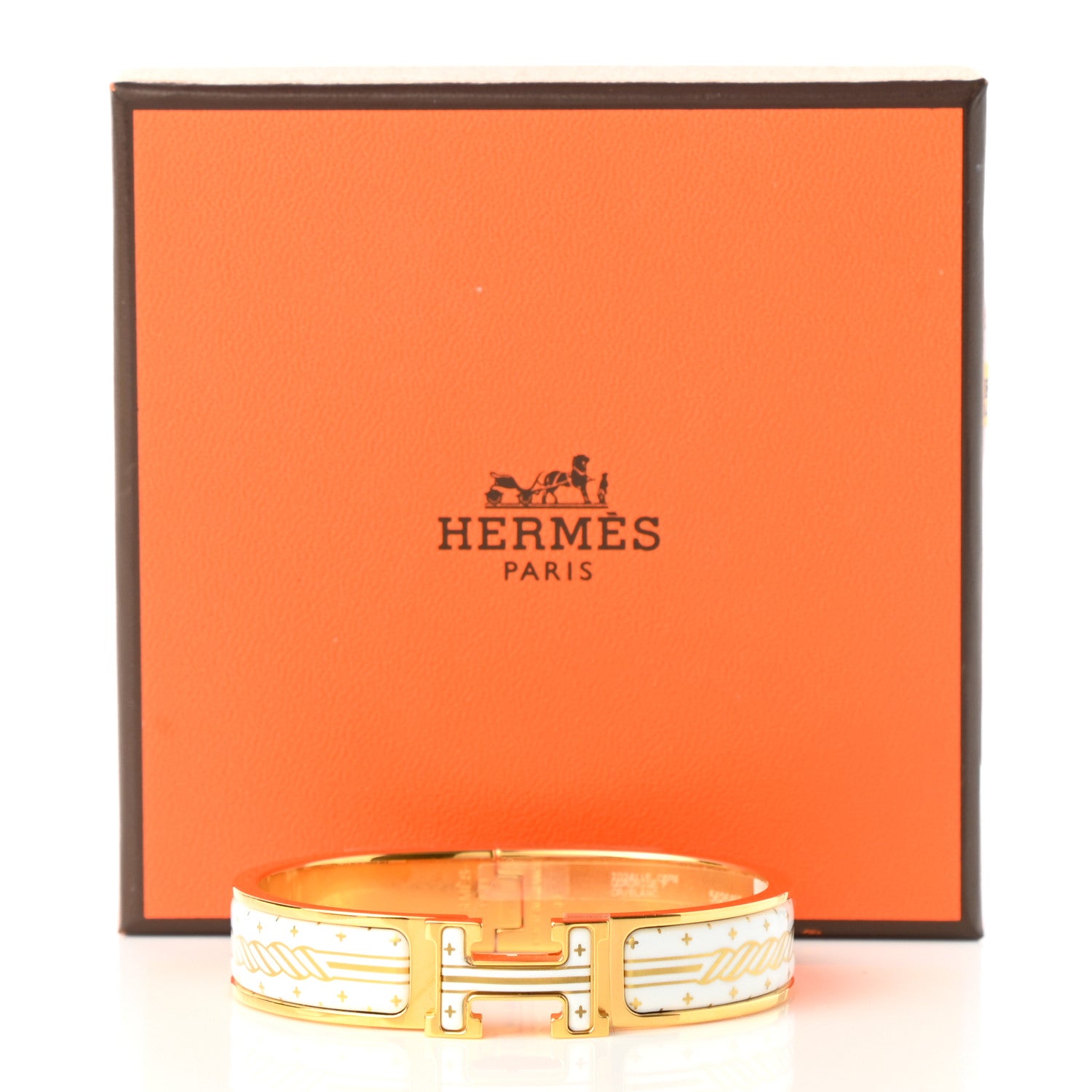 Hermes Enamel Printed Quadrige Au Fil Narrow Clic Clac H Bracelet PM Or White 6 of 6