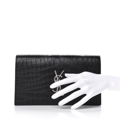 Saint Laurent Calfskin Crocodile Embossed Classic Kate Monogram Clutch Black 2 of 8