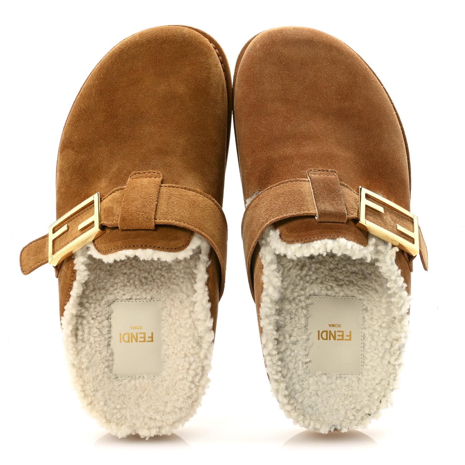 Fendi Suede Shearling Fendi Feel Buckled Clogs 37 Caramello Latte 2 of 9