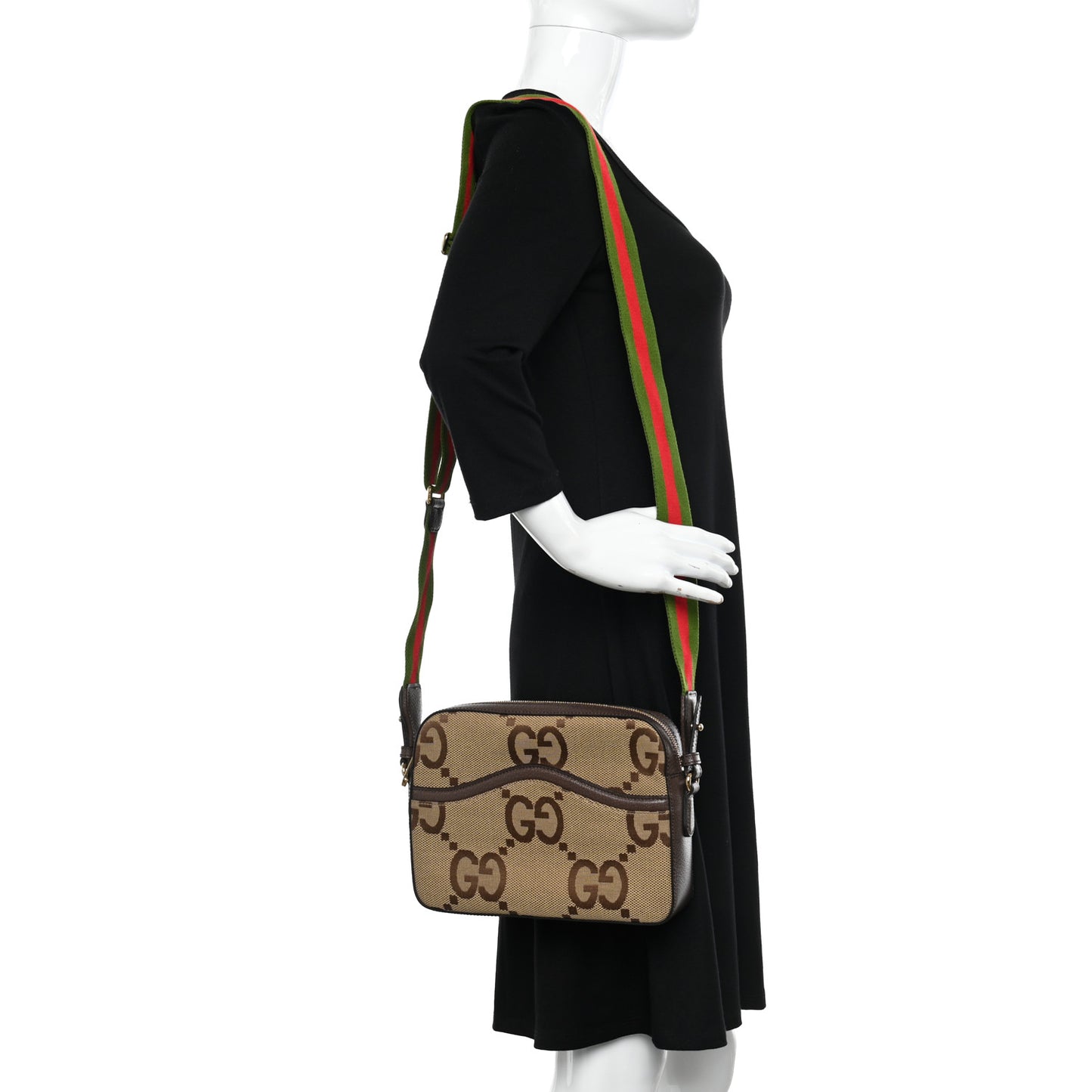 Monogram Jumbo GG Textured Dollar Calfskin Web Messenger Shoulder Bag Camel Ebony New Acero