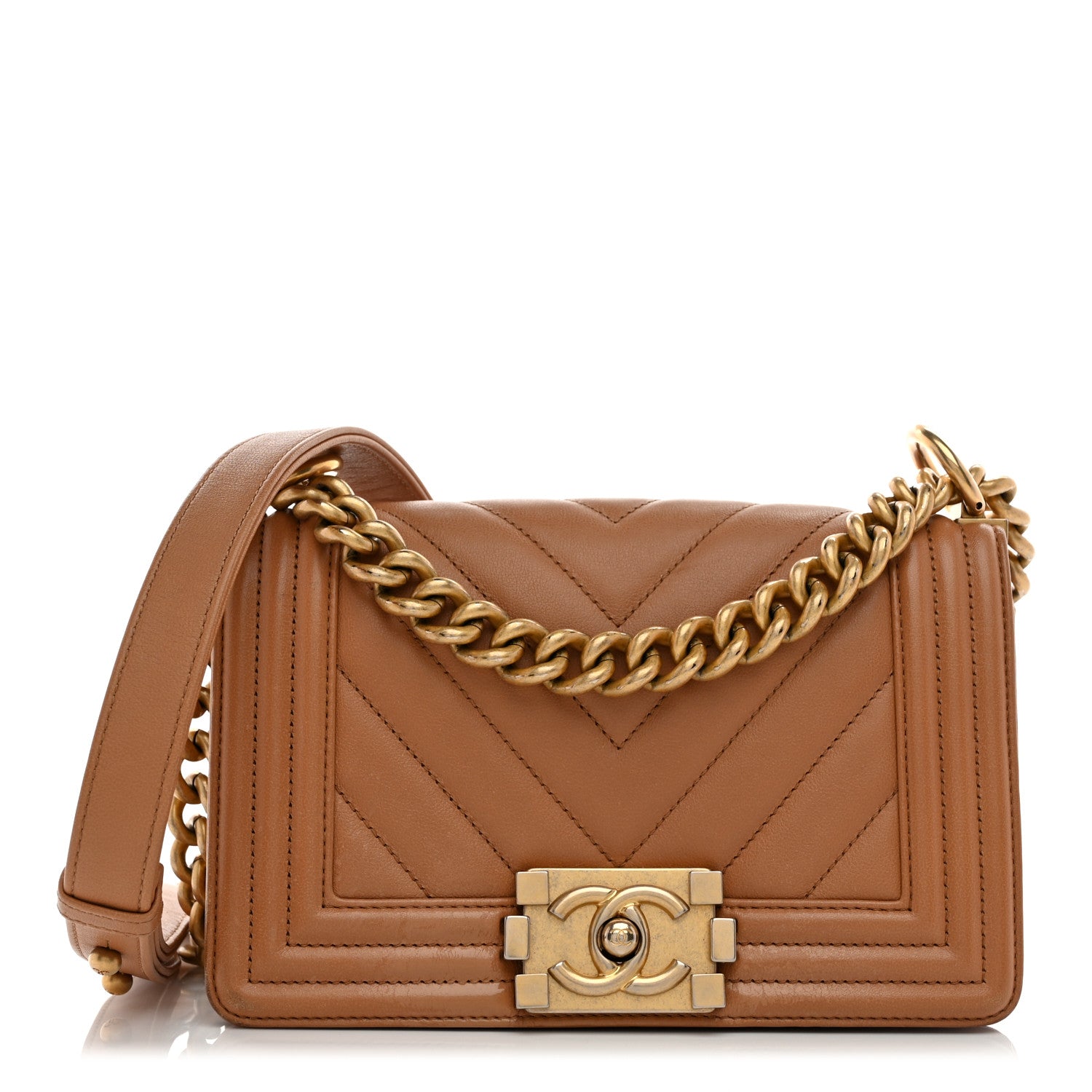 Chanel Calfskin Chevron Quilted Small Boy Flap Dark Beige 1 of 14