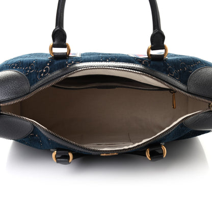 Gucci Velvet GG Monogram Textured Calfskin Web Medium Duffle Bag Blue Beige Black 5 of 9