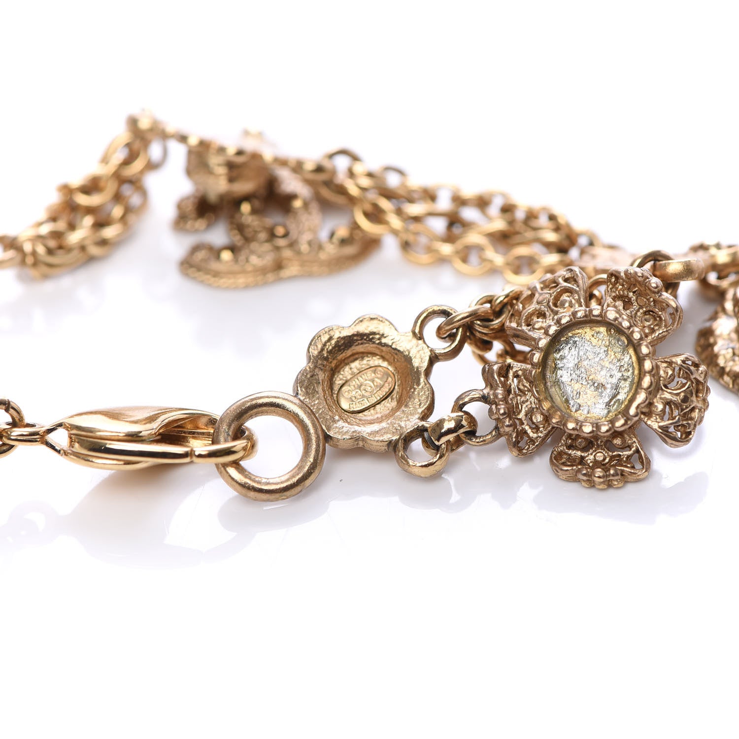 Chanel Crystal Pearl Camellia CC Charm Bracelet Gold 4 of 5