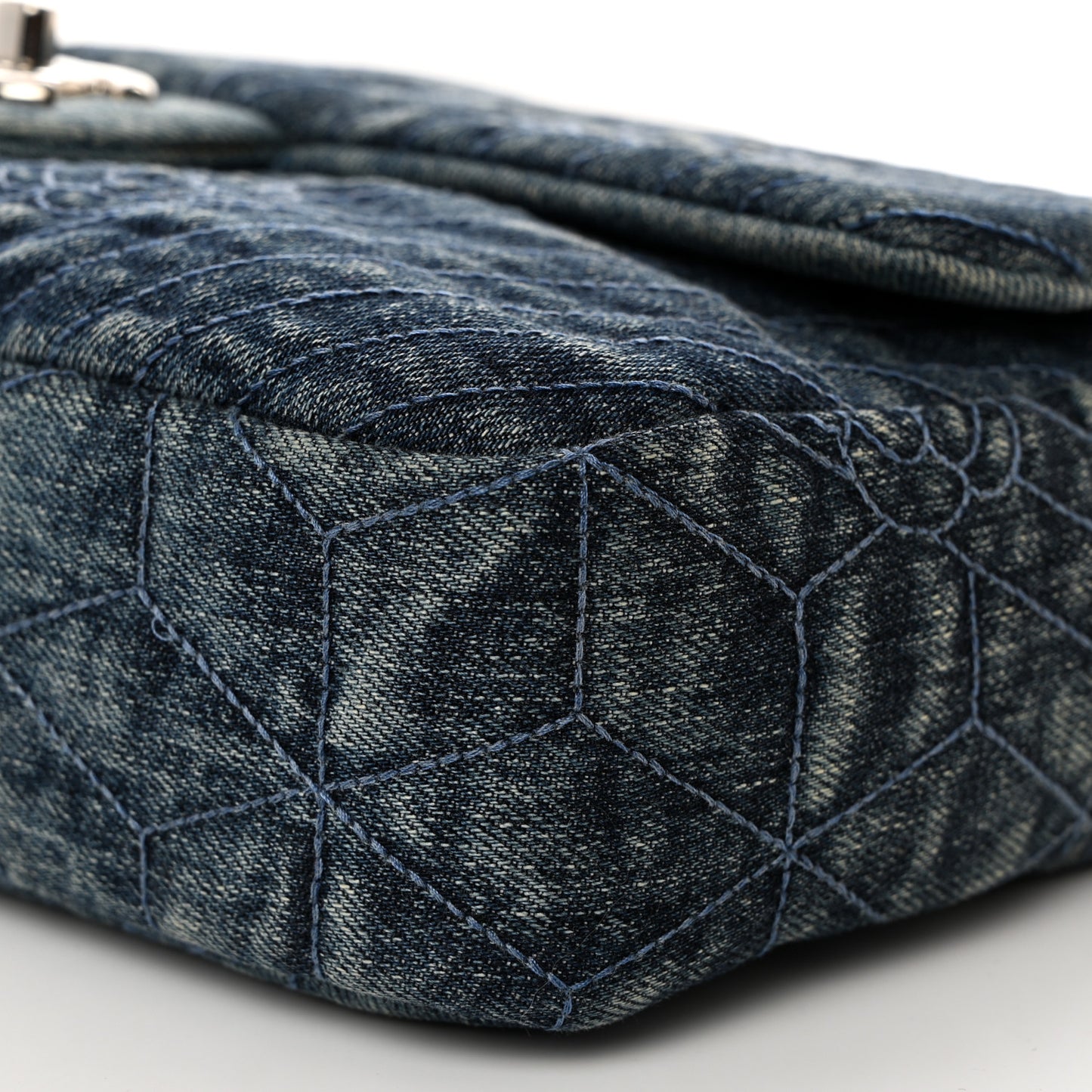 Denim Quilted Camellia Embroidered Medium Flap Blue