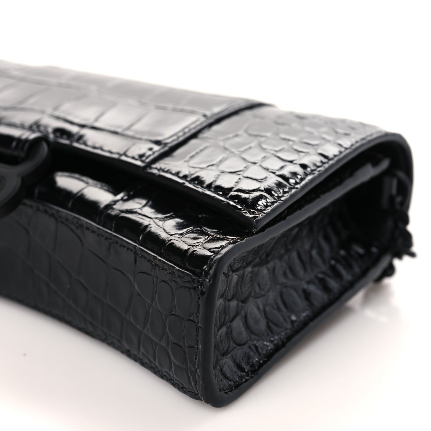Shiny Calfskin Monochrome Crocodile Embossed Hourglass Chain Bag Black