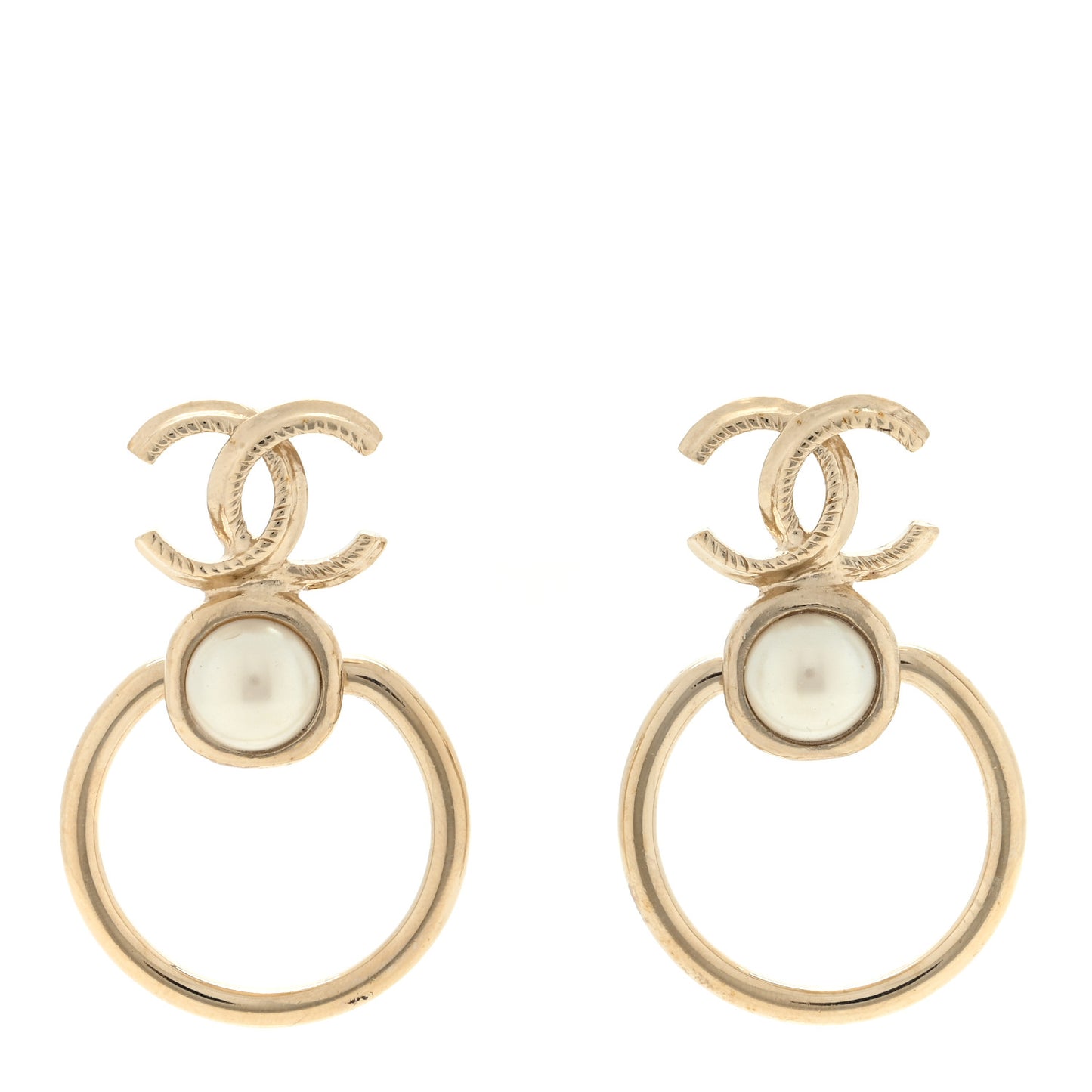 Metal Pearl CC Hoop Drop Earrings Gold