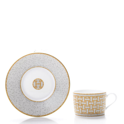 Hermes Porcelain Mosaique Au 24 Gold Platine Tea Cup and Saucer Set of 2 3 of 11
