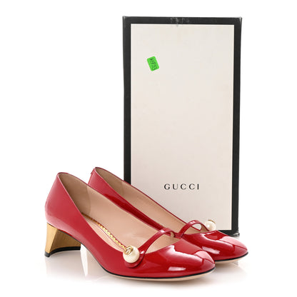 Gucci Vernice Crystal Pearl Embellished Mary Jane Pumps 37.5 Hibiscus Red 9 of 9