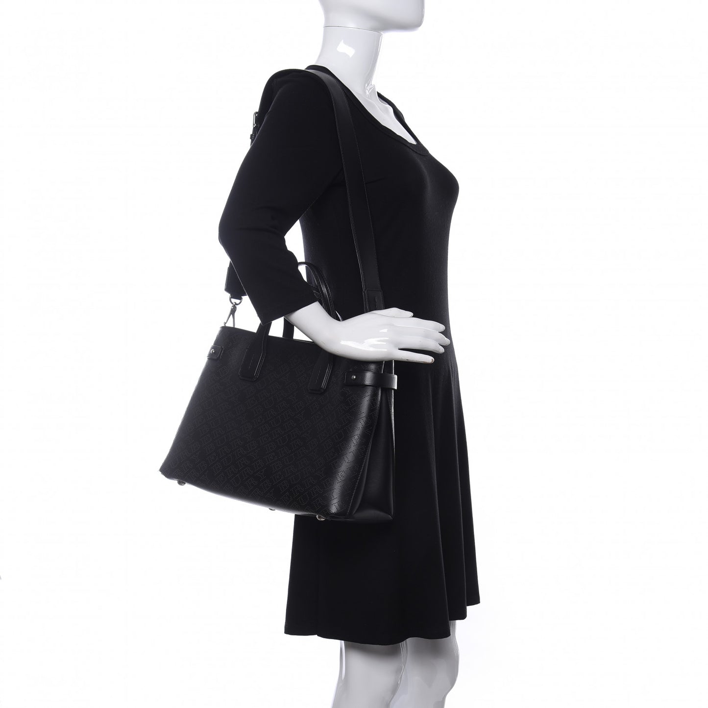 Calfskin Perforated Medium Banner Tote Black