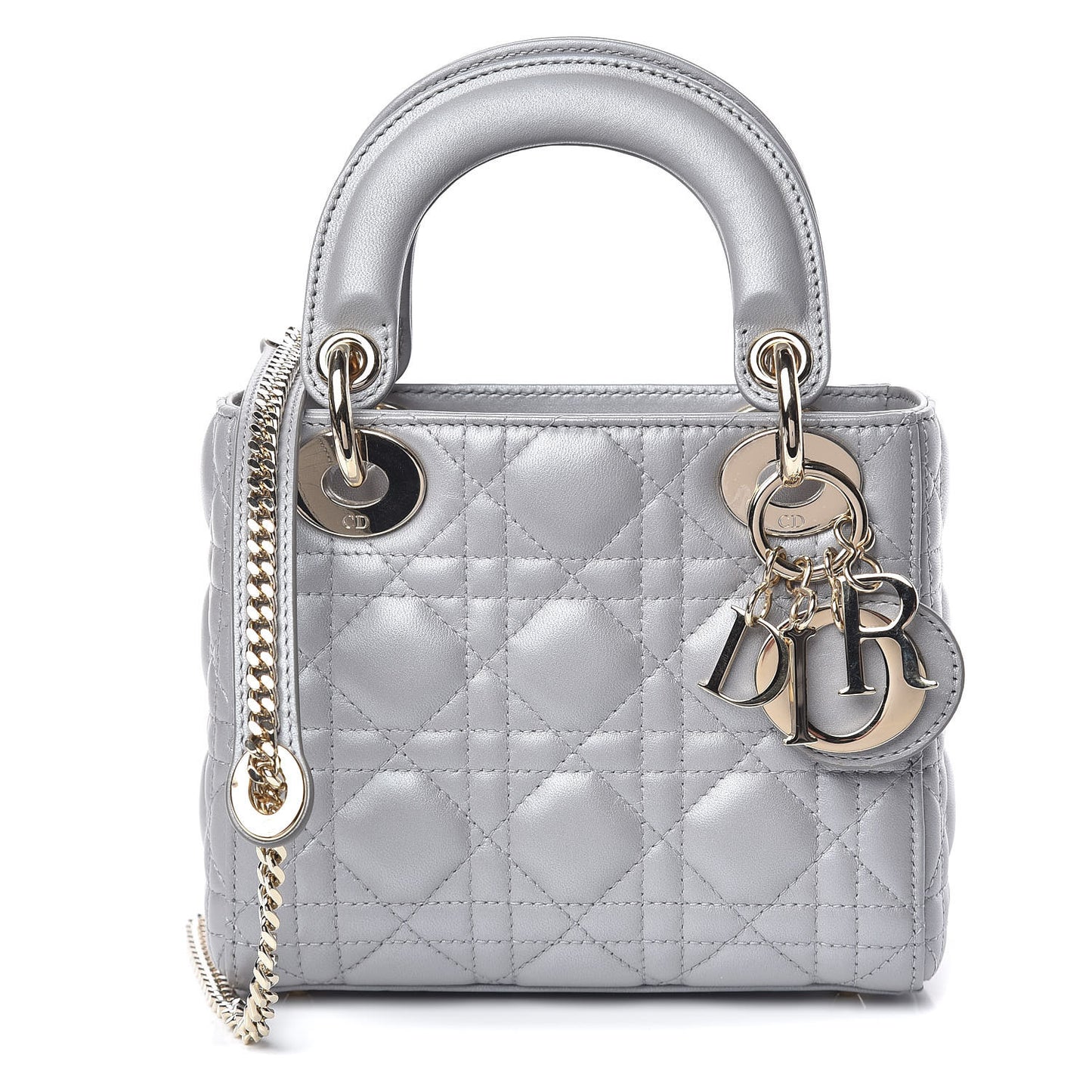 Metallic Lambskin Cannage Mini Lady Dior Grey