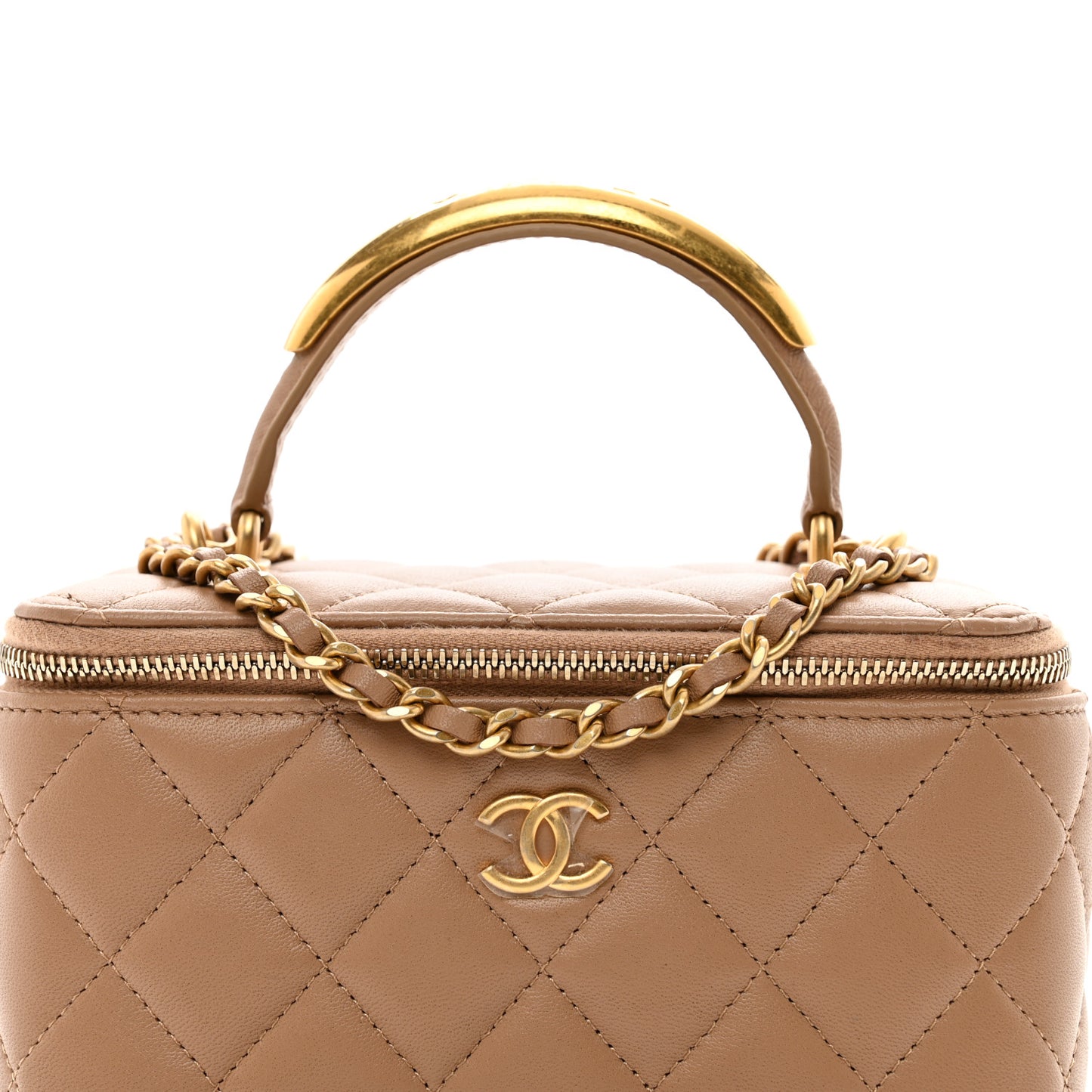 Lambskin Quilted Metal Small Top Handle Vanity Case With Chain Beige
