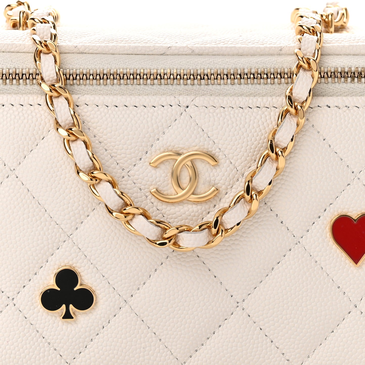 Caviar Quilted Enamel Coco Casino Small Vanity Case With Chain White