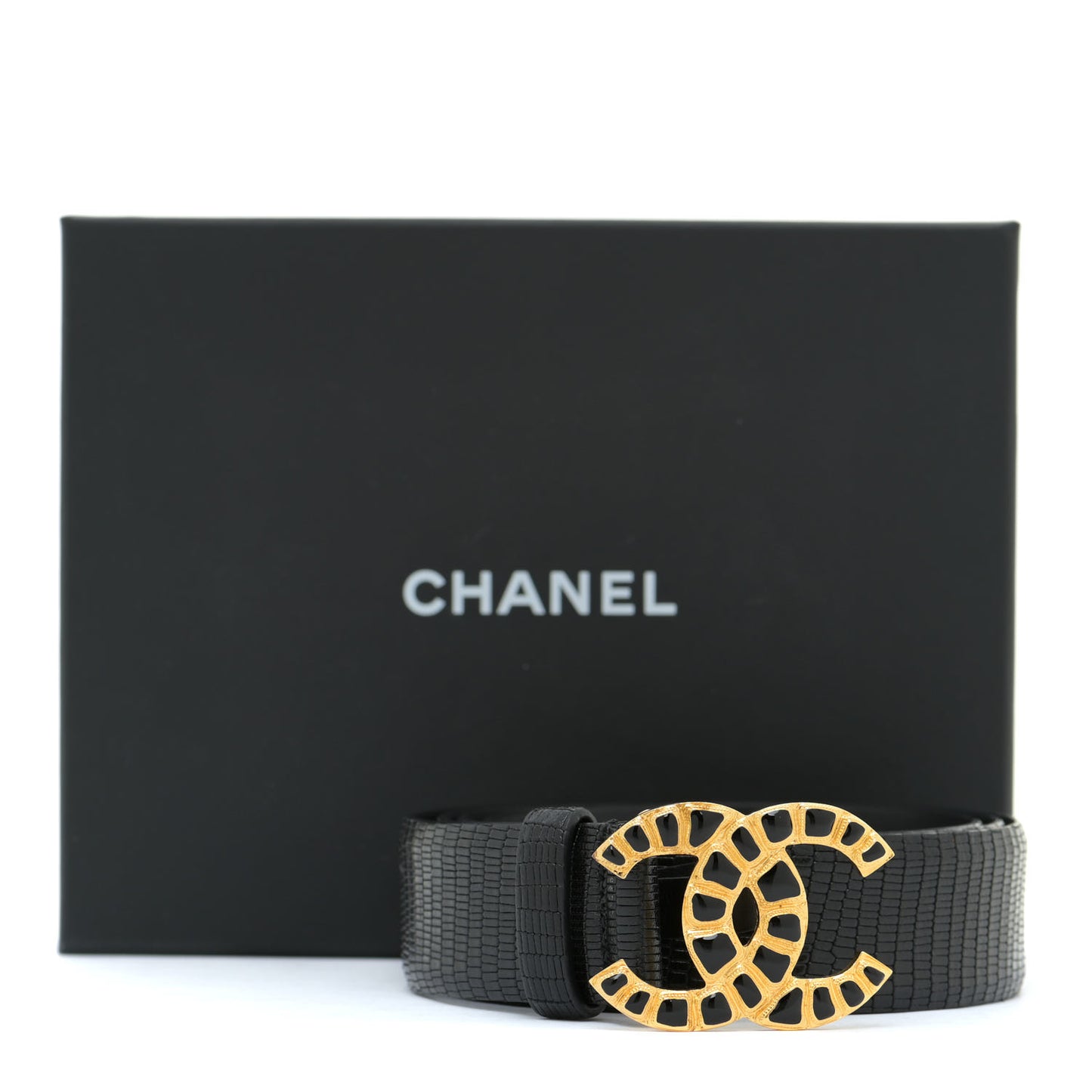 Lizard Embossed Calfskin Gripoix Poured Glass Along The Nile CC Belt 95 38 Black