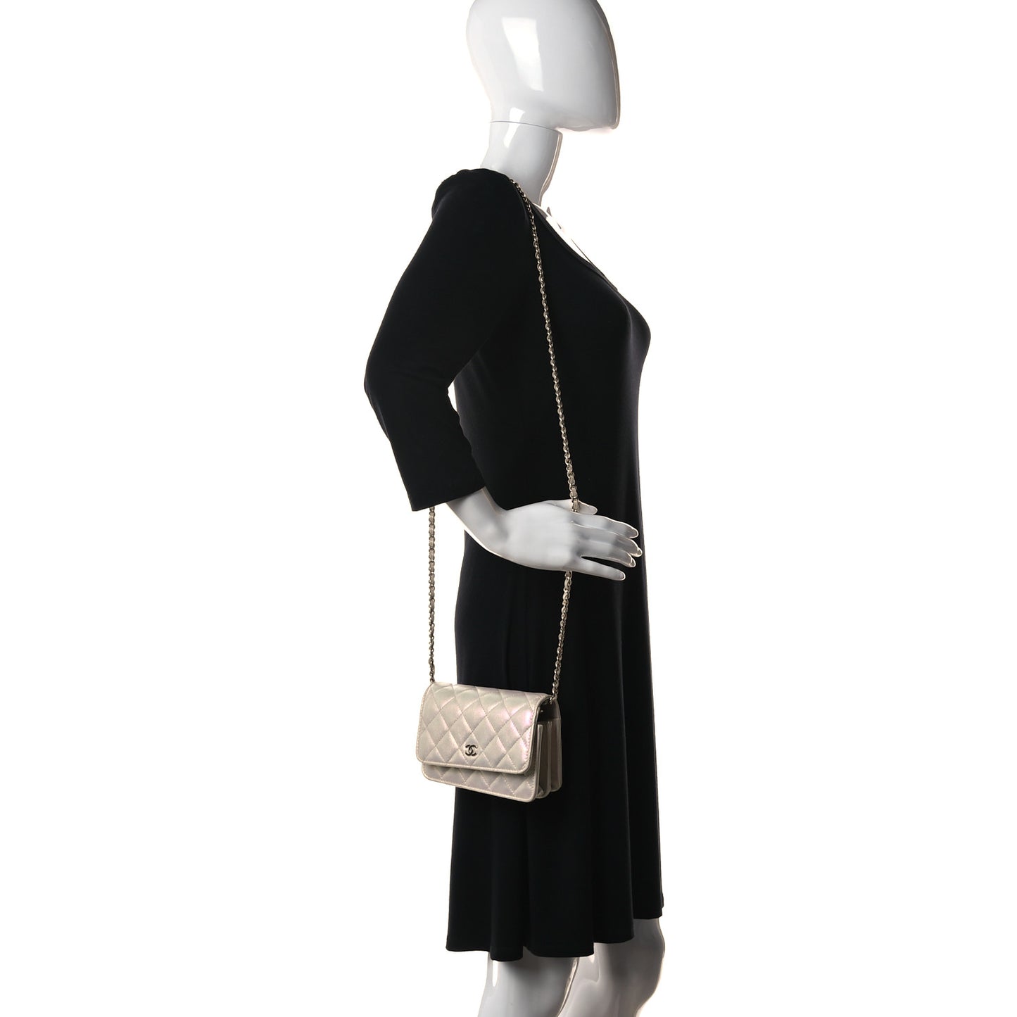 Iridescent Lambskin Quilted Mini Wallet On Chain WOC Ivory