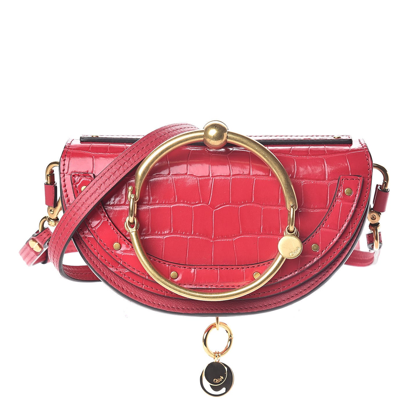 Calfskin Crocodile Embossed Small Nile Bracelet Minaudiere Bag Crimson Pink