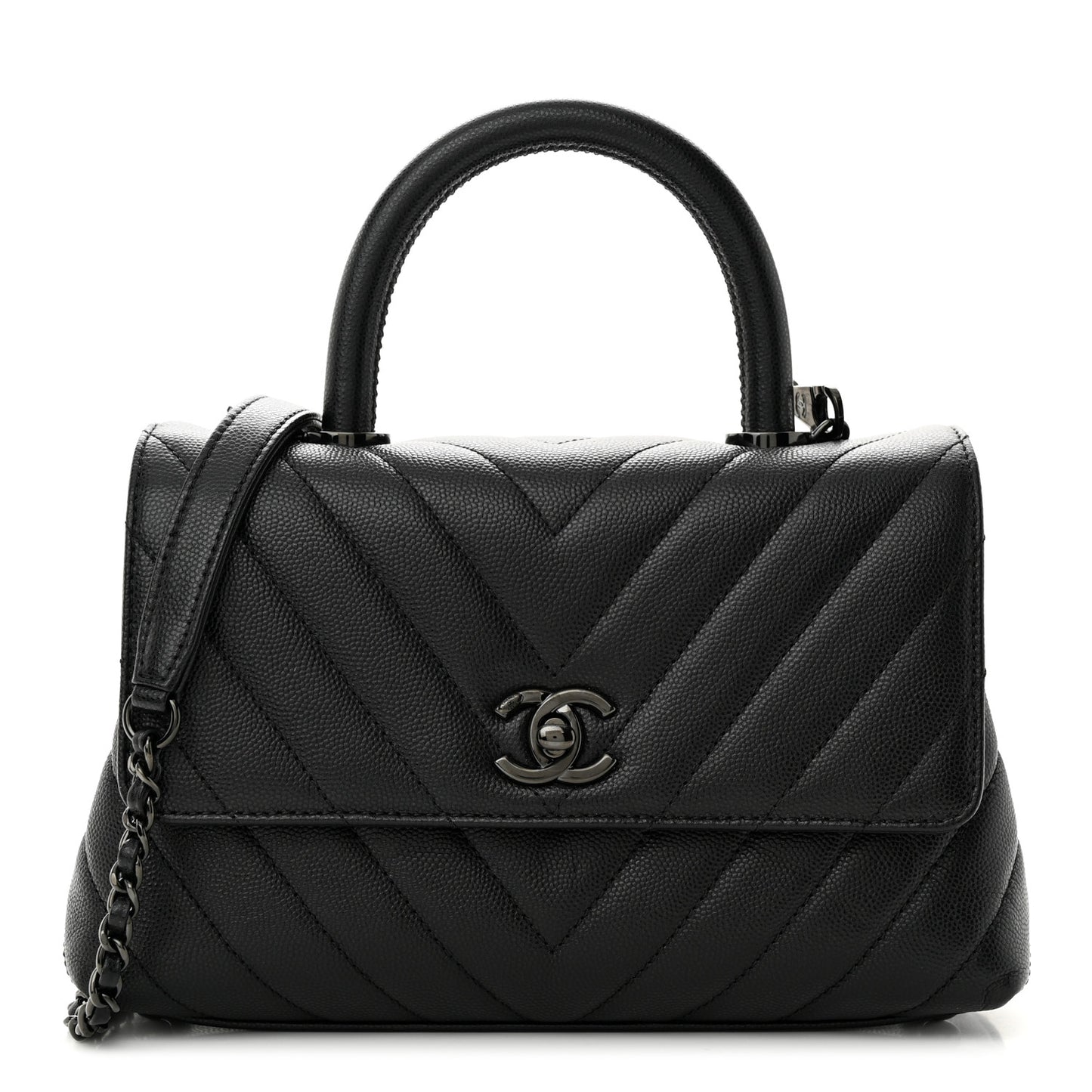 Caviar Chevron Quilted Mini Coco Handle Flap So Black