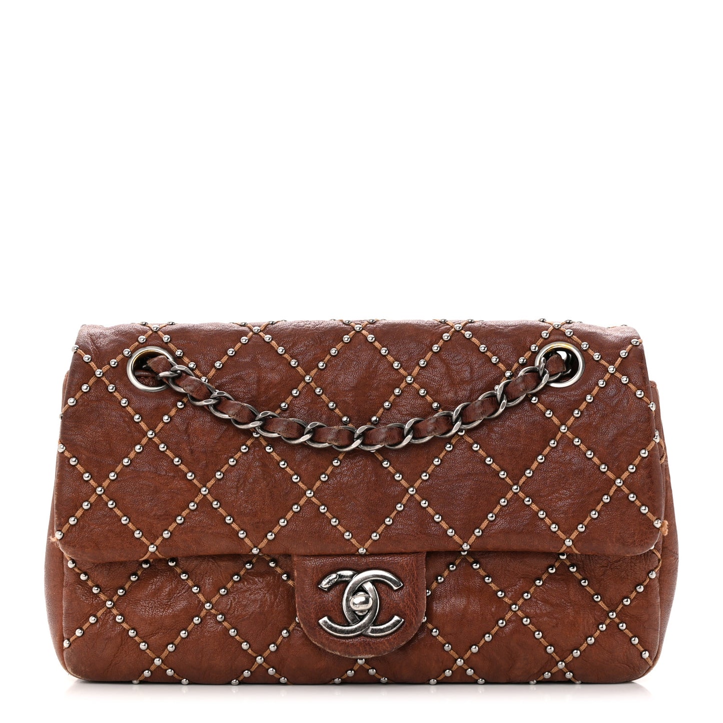 Crumpled Lambskin Studded Paris Dallas Flap Bag Brown