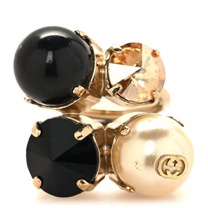Gucci Metal Pearl Crystal Ring 53 6.5 Gold Black 1 of 4