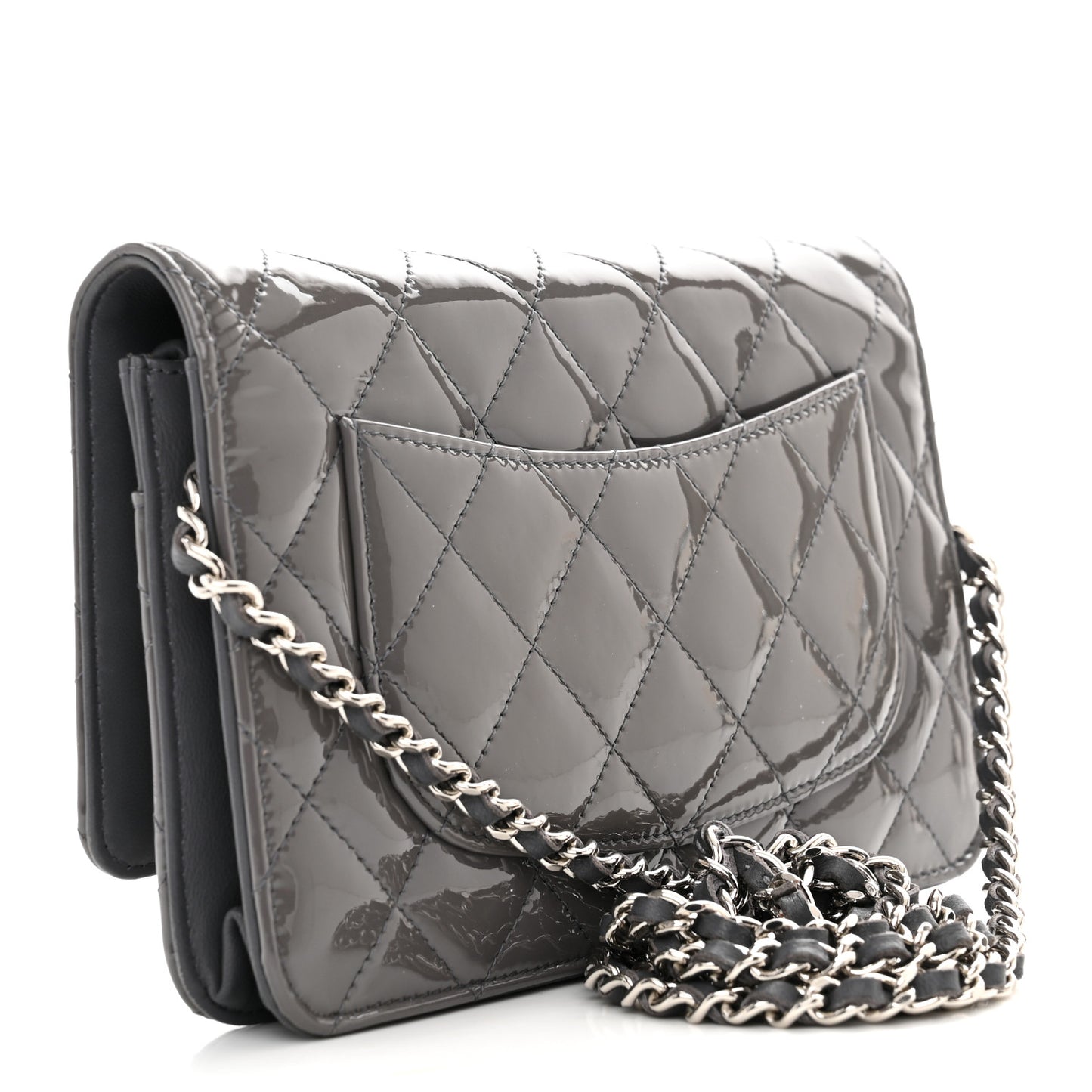 Patent Quilted Wallet On Chain WOC Grey