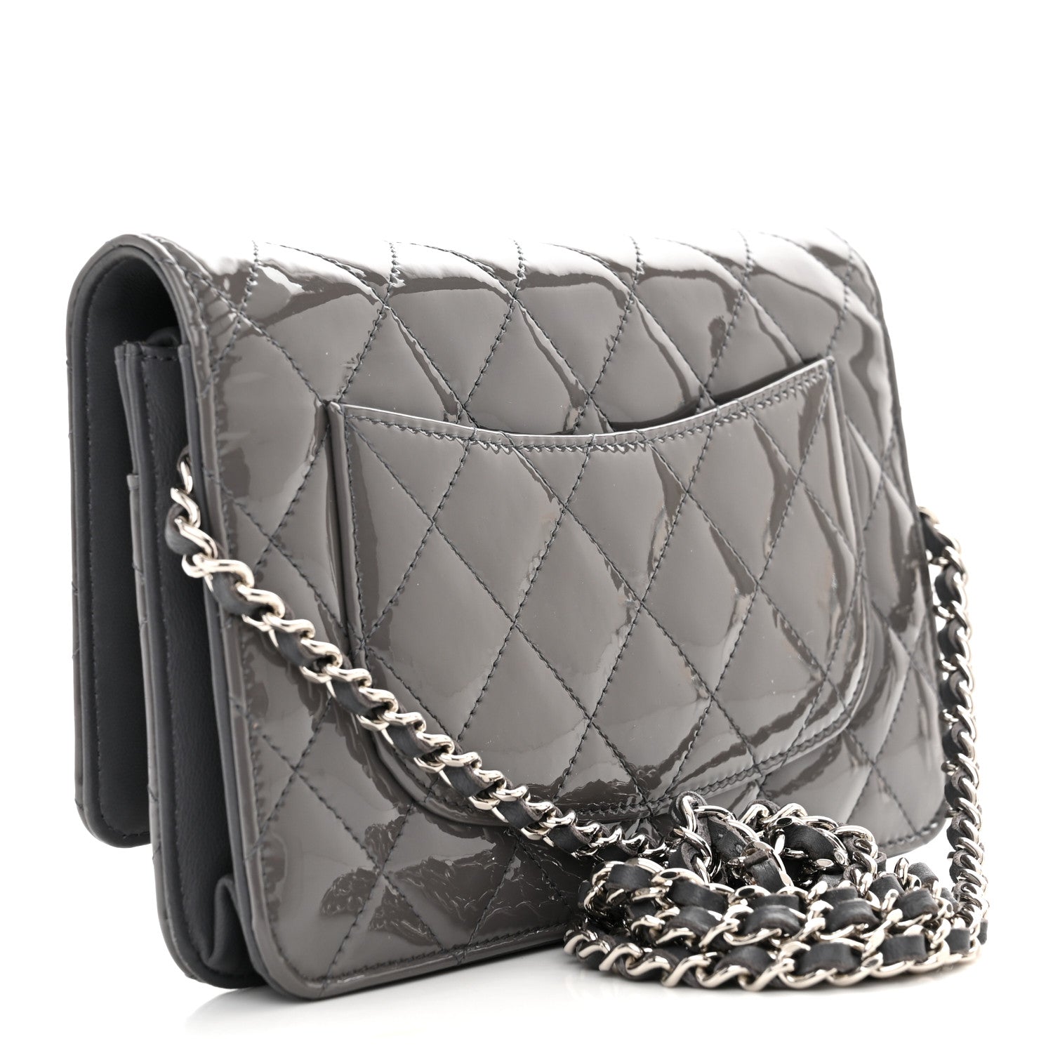 Chanel Patent Quilted Wallet On Chain WOC Grey 3 of 11