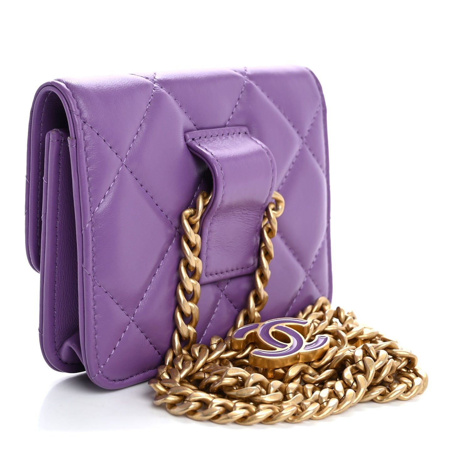 Lambskin Enamel Quilted Pending Clutch With Chain Purple