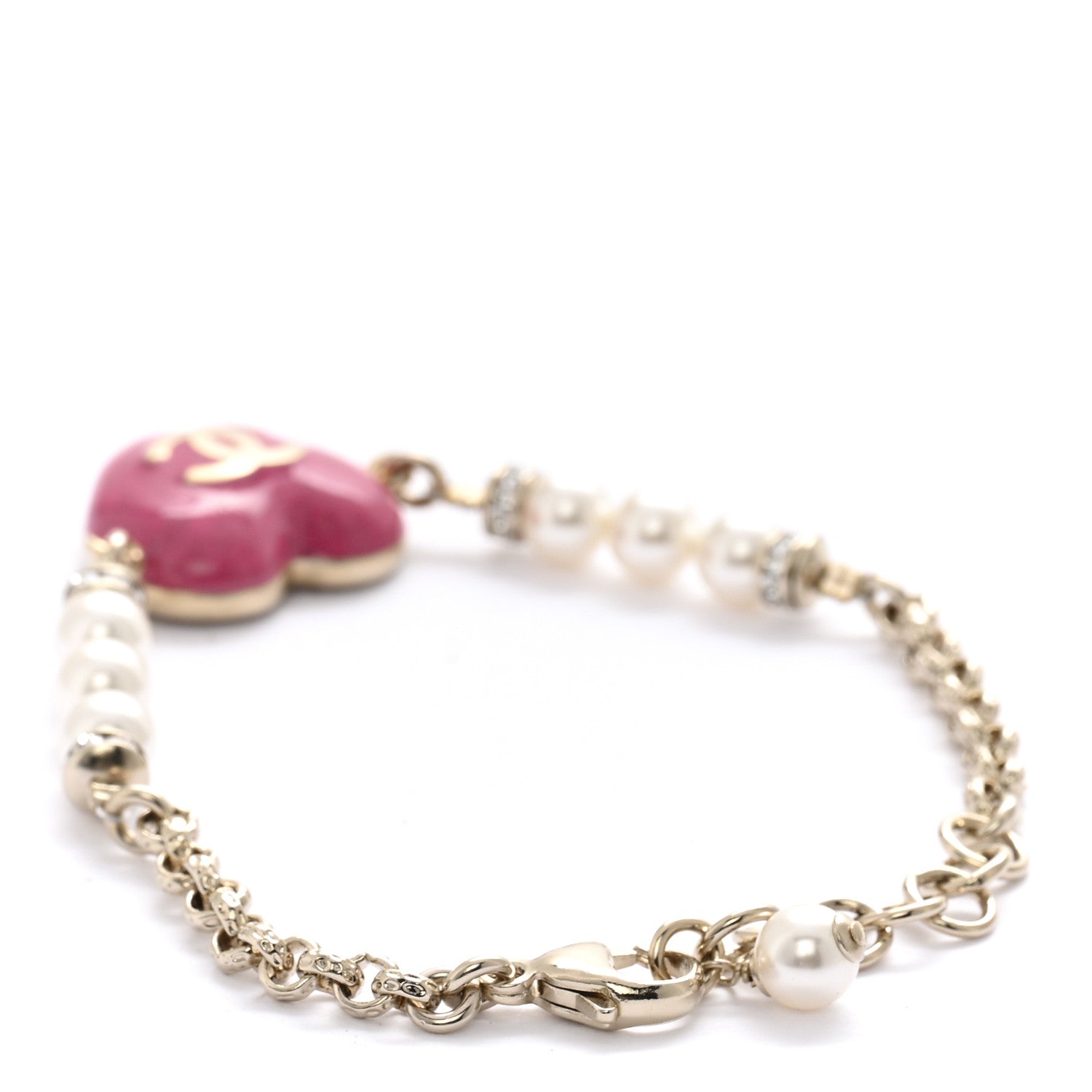 Chanel Resin Crystal Pearl Chain Heart CC Bracelet Pink White Gold 3 of 5