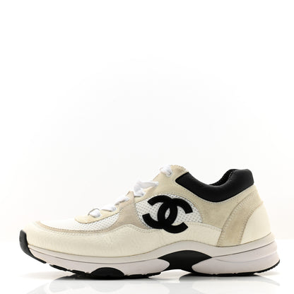 Chanel Mesh Suede Calfskin Grained Calfskin Womens CC Sneakers 39.5 White Black 1 of 14