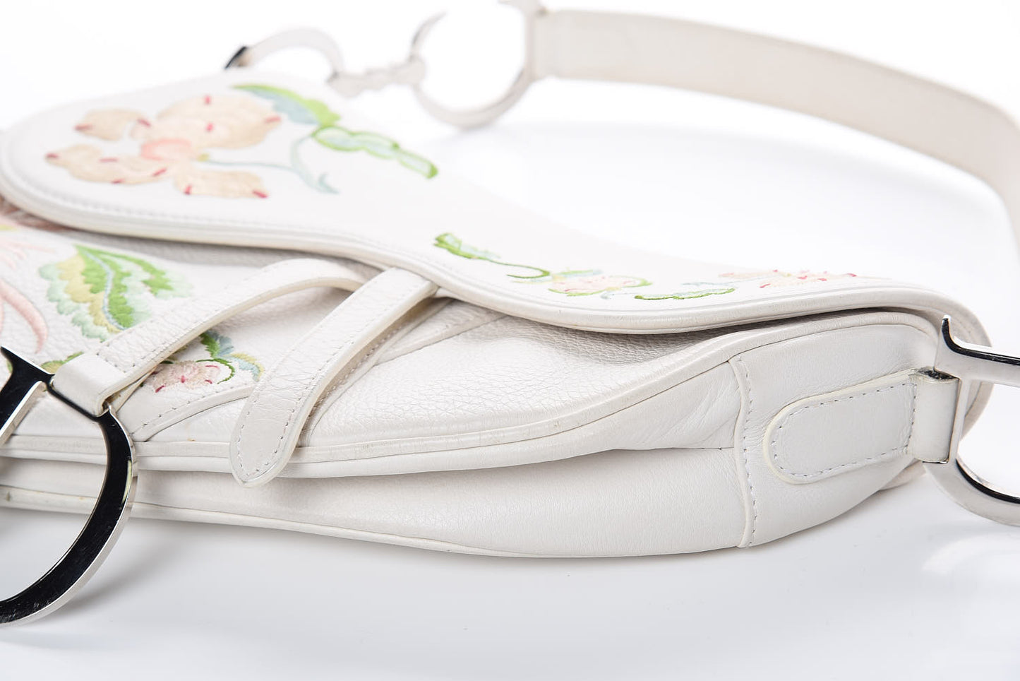 Calfskin Embroidered Romantic Flowers Saddle Bag White