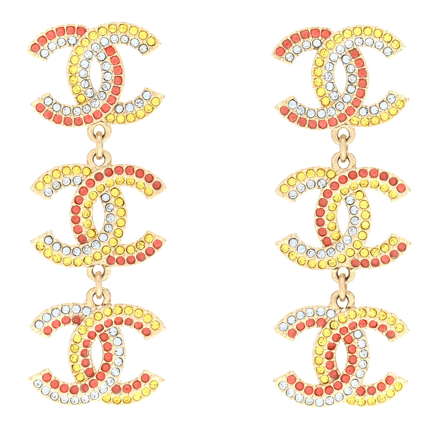 Chanel Metal Crystal CC Triple Drop Earrings Gold Multicolor 1 of 5