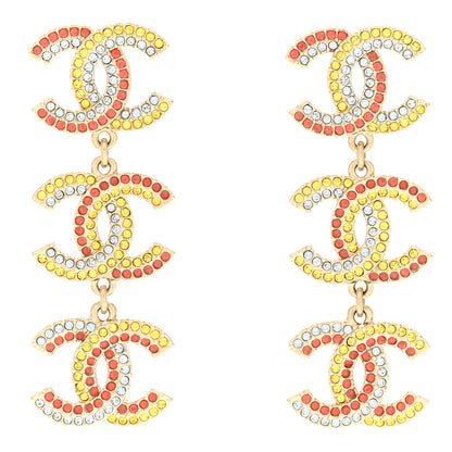 Chanel Metal Crystal CC Triple Drop Earrings Gold Multicolor 1 of 5