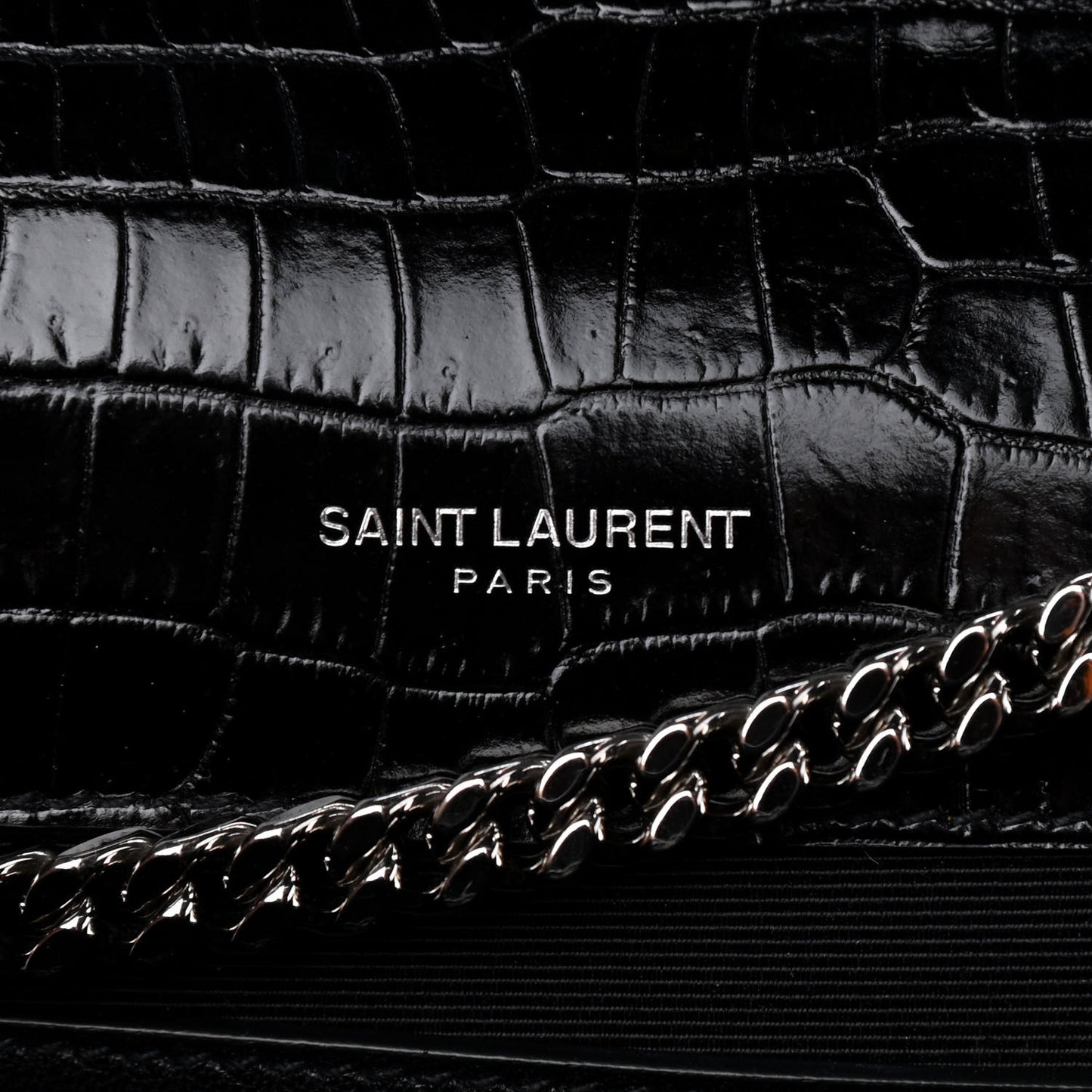 Calfskin Crocodile Embossed Medium Classic Monogram Kate Tassel Satchel Black