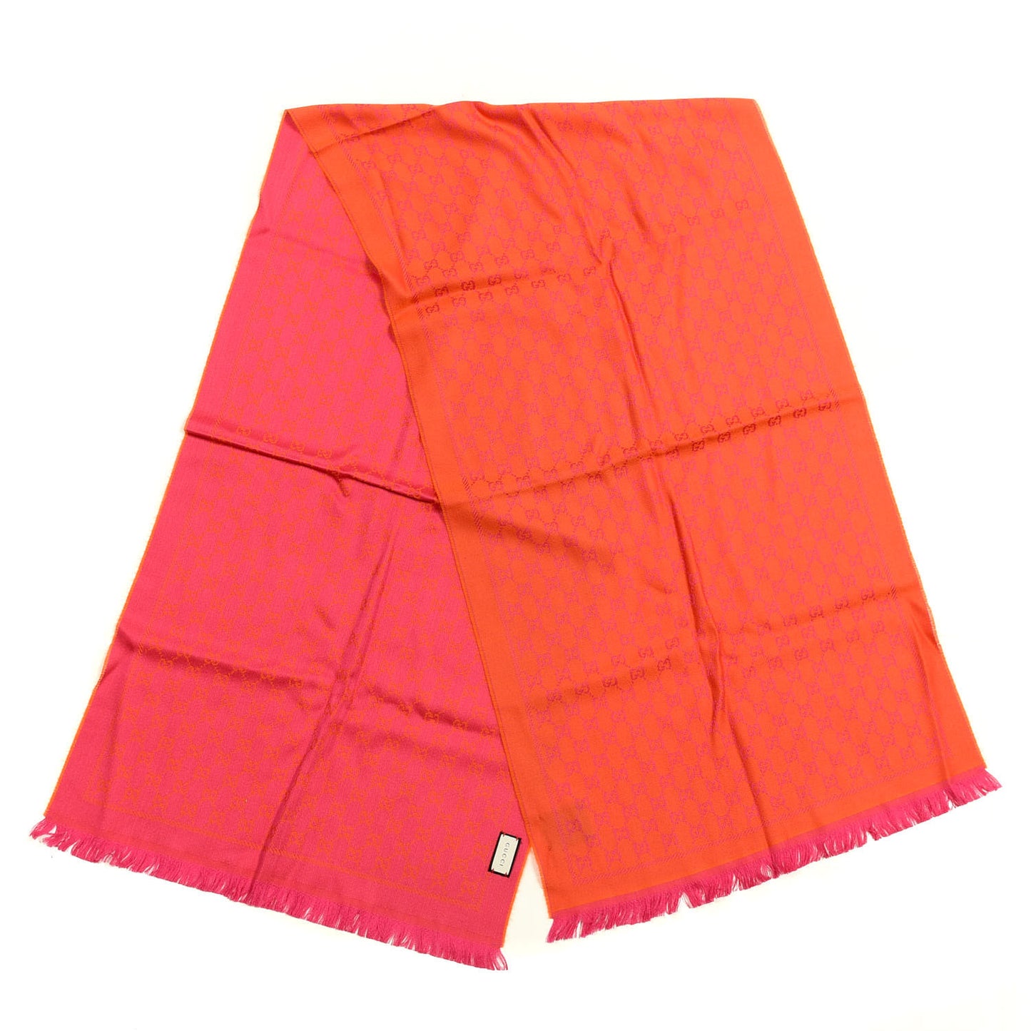 Wool GG Monogram Reversible New Sten Fringe Scarf Orange Pink