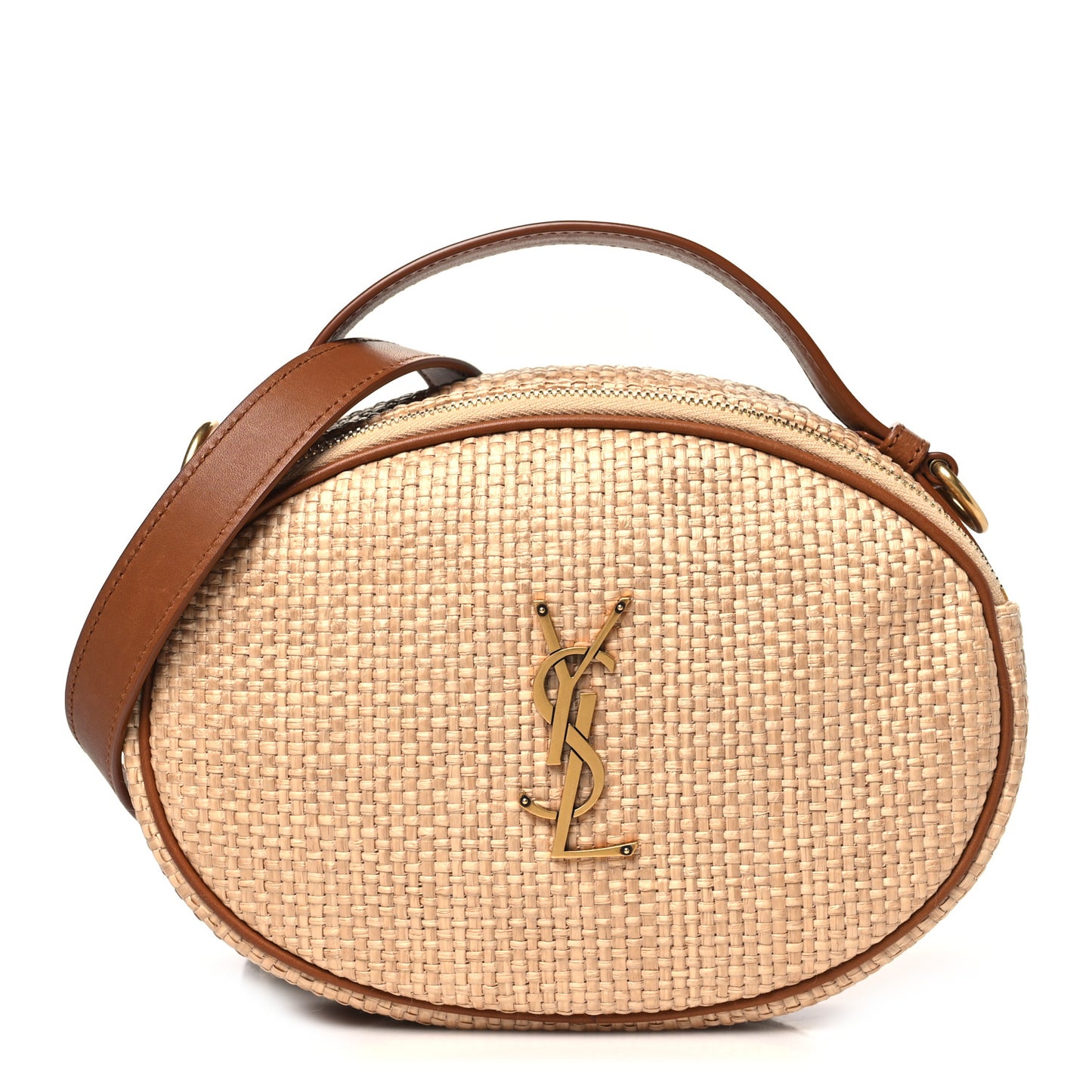 Raffia Calfskin Round Camera Bag Golden Ecru Brick