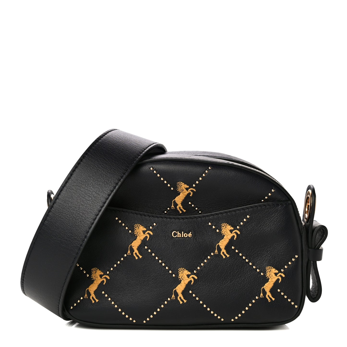 Smooth Calfskin Little Horses Embroidered Shoulder Bag Black